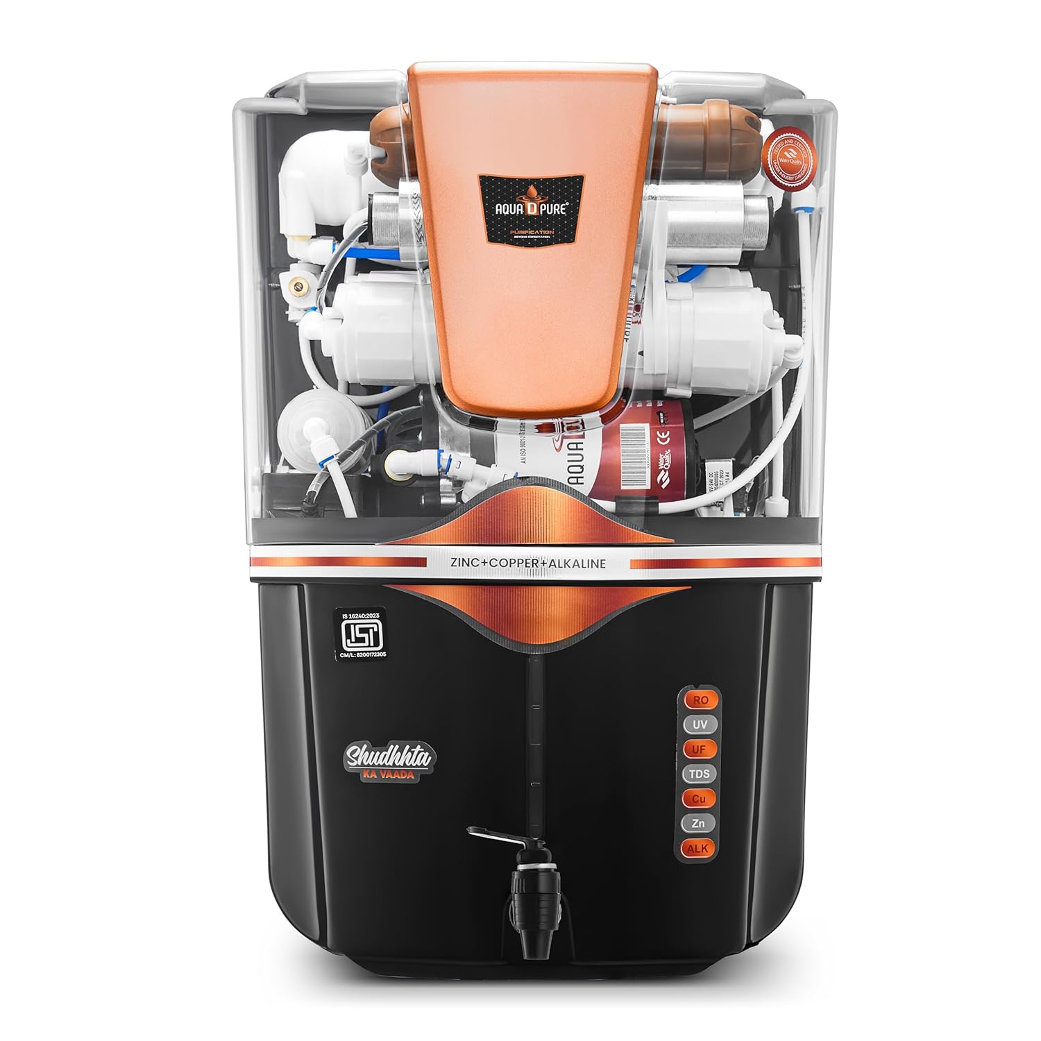 AQUA D PURE RO Water Purifier with 4 in 1 Copper Technology, 12 Liter, UV, UF, TDS Adjuster, Multisource water Compatibility, Black