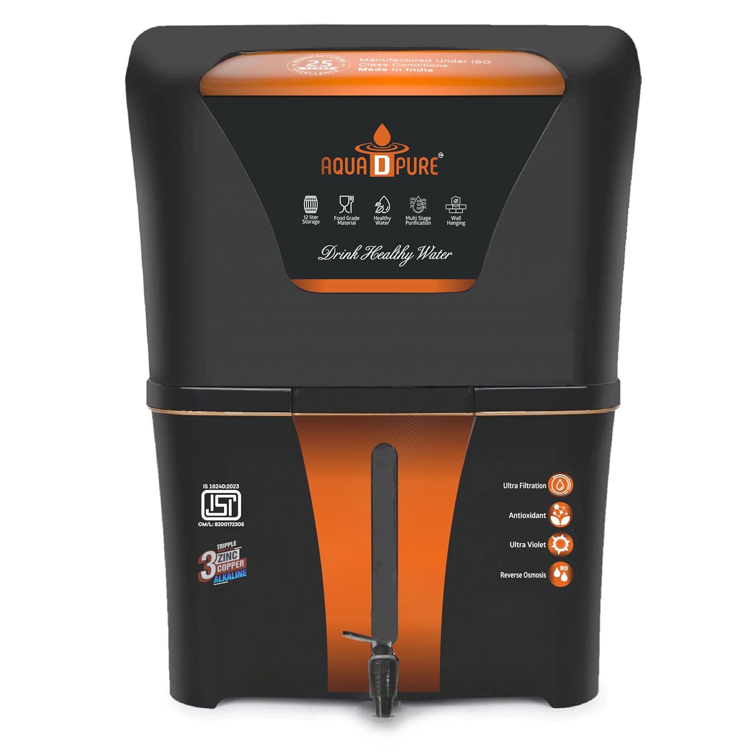 AQUA D PURE Zinc + Copper + Mineral RO+UV+UF 10 to 12 Litre RO + UV + TDS ADJUSTER