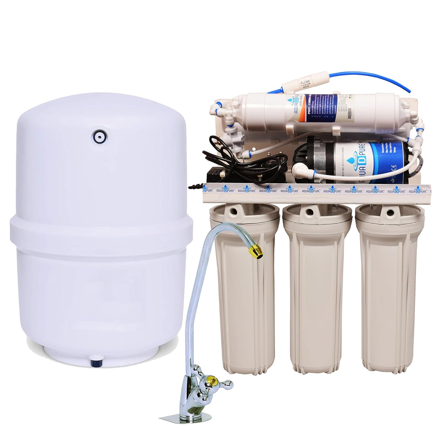 AQUA D PURE 5 Stage RO Water Filtration System with Booster Pump – Under Sink with Faucet & 15 Liters Pressurized water Storage Tank – Removes 99% Contaminants for Home & Kitchen